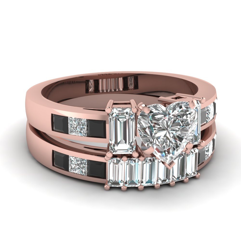 Heart Shaped diamond Wedding Ring Sets with Black Diamond in 14K Rose Heart Shaped diamond Wedding Ring Sets with Black Diamond in 14K Rose