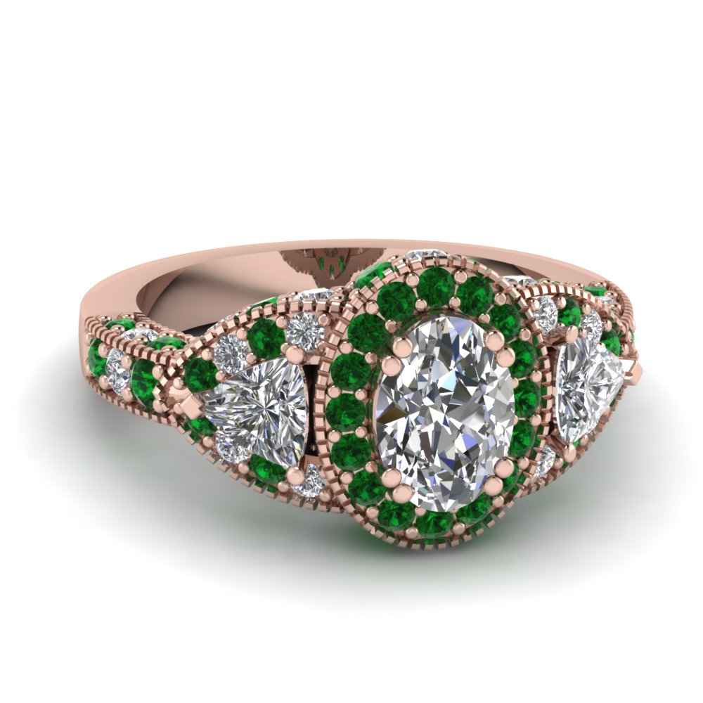 3 Stone Halo Green Emerald Pave Engagement Ring