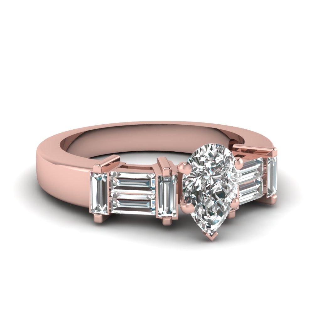 Pear Cut diamond Side Stone Engagement Rings with White Diamond in 14K Rose Gold