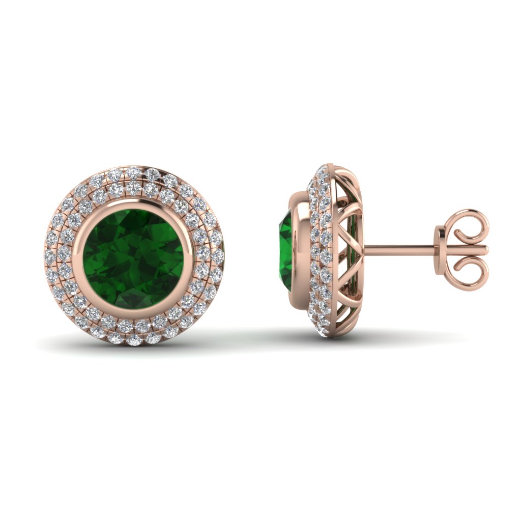 Halo with Green Emerald Earring in 14K Rose Gold