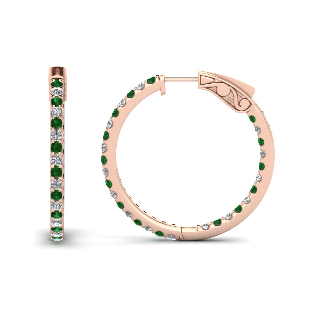 Hoop Earrings with Green Emerald in 14K Rose Gold