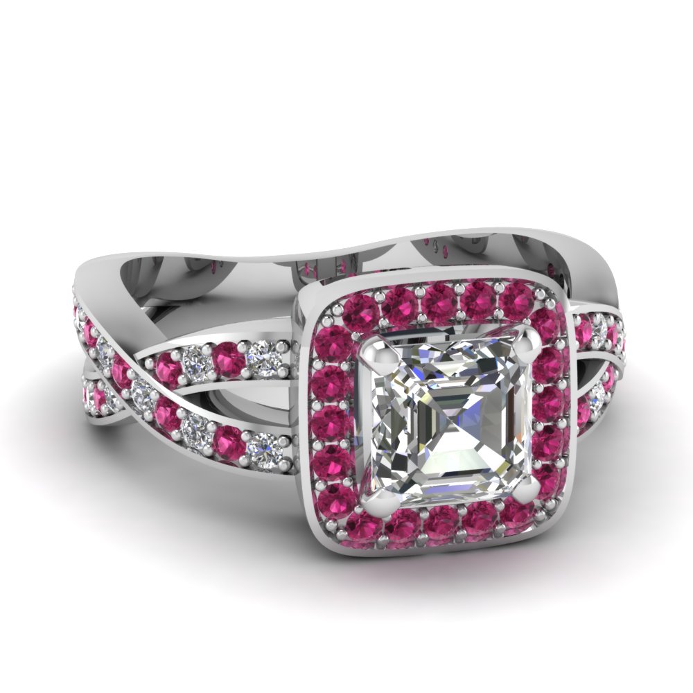 Asscher Cut diamond Halo Engagement Rings with Pink Sapphire in 950 Platinum