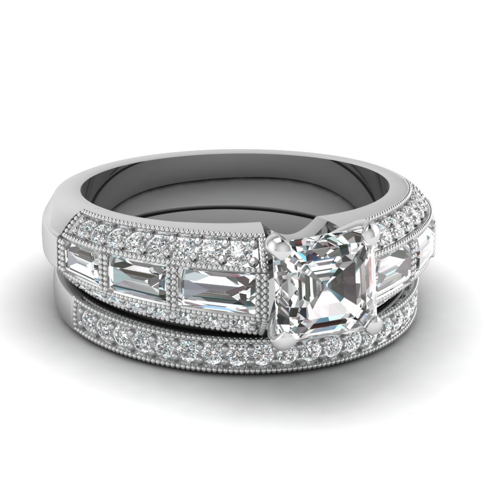 Asscher Cut Diamond Wedding Sets With White Diamonds In 14k White Gold