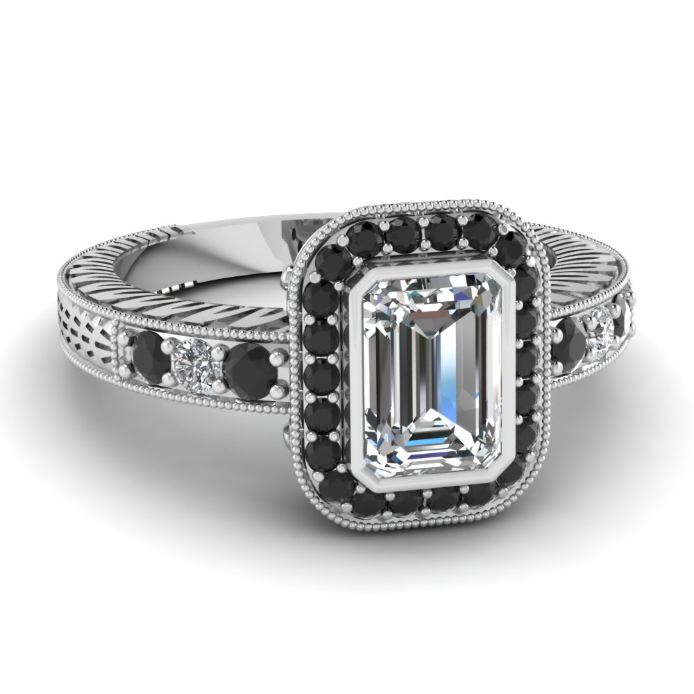 Emerald Cut diamond Milgrain Engagement Rings with black diamond in 14K Yellow Gold