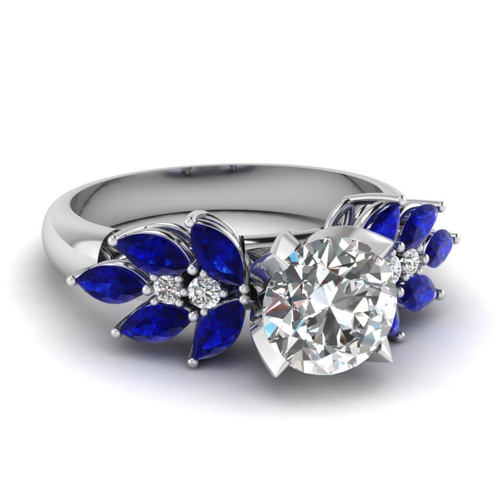 white gold round white diamond engagement wedding ring with blue sapphire in prong set FD12655RORGSABL NL WG