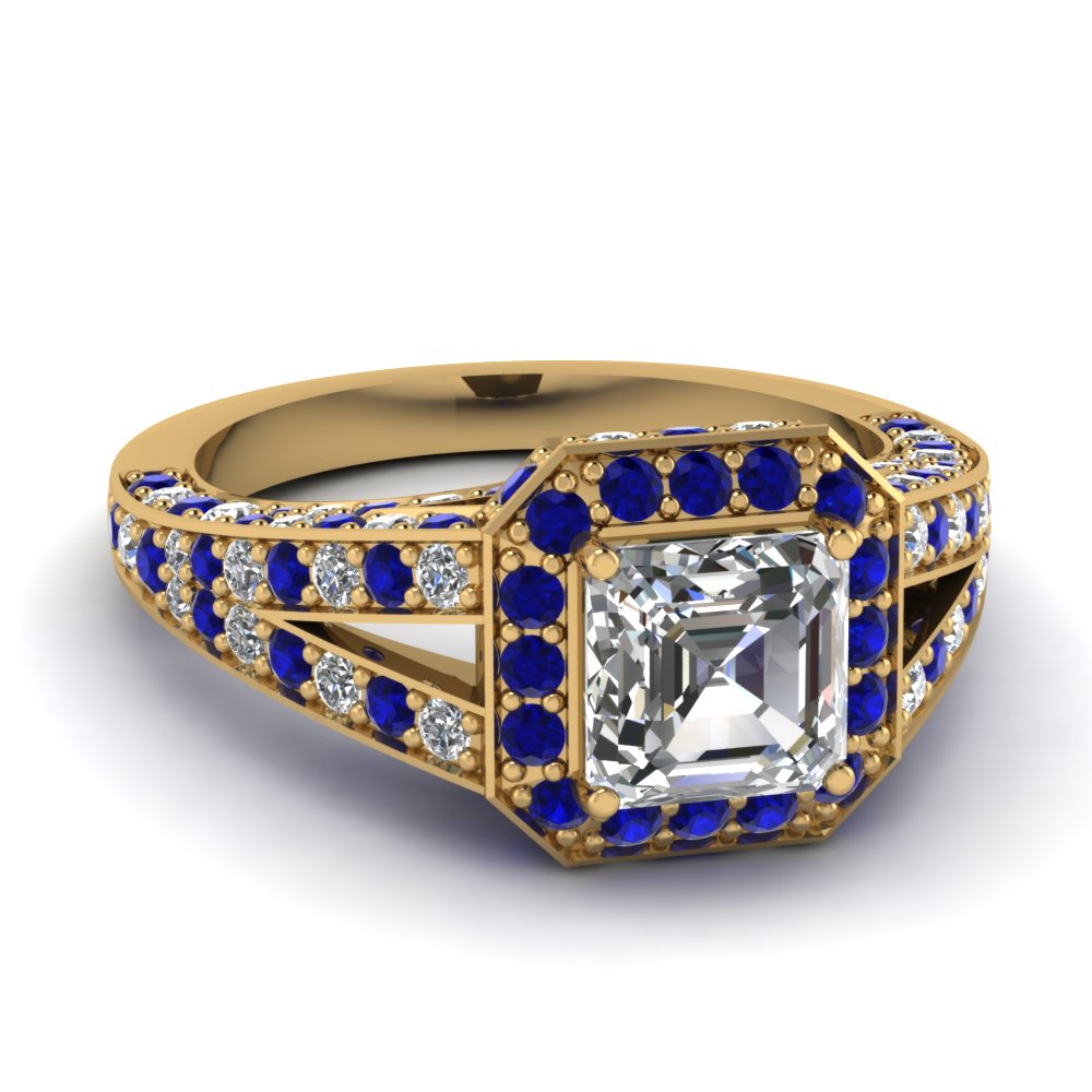 Asscher Cut diamond Halo Engagement Rings with Blue Sapphire in 14K Yellow Gold