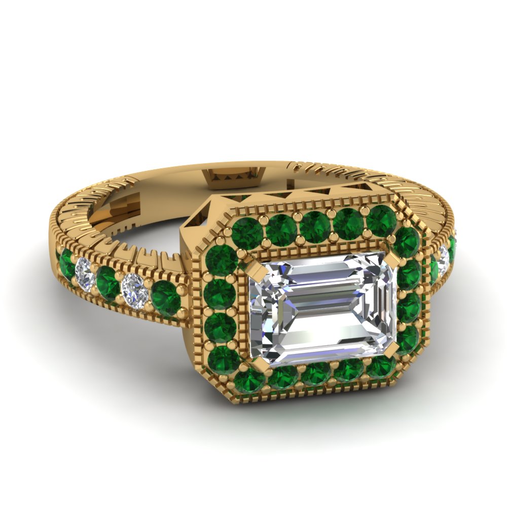 Emerald Cut diamond Halo Engagement Rings with Green Emerald in 14K Yellow Gold