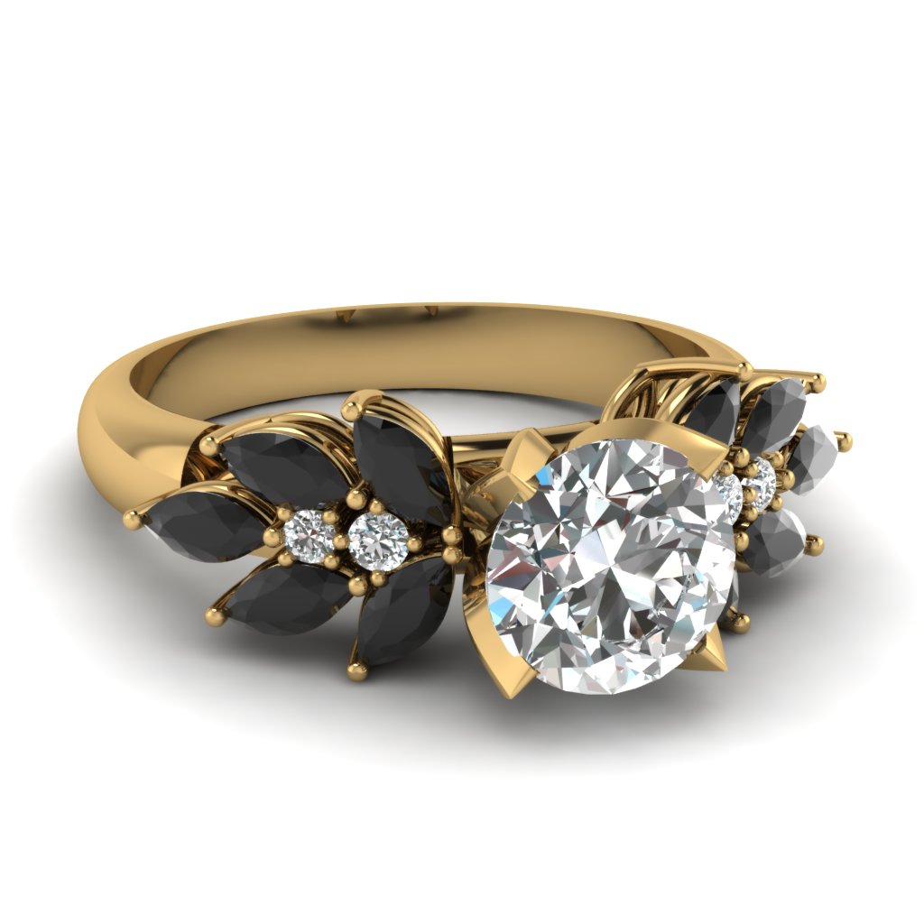 Round Cut diamond Side Stone Engagement Rings with Black Diamond in 14K Yellow Gold